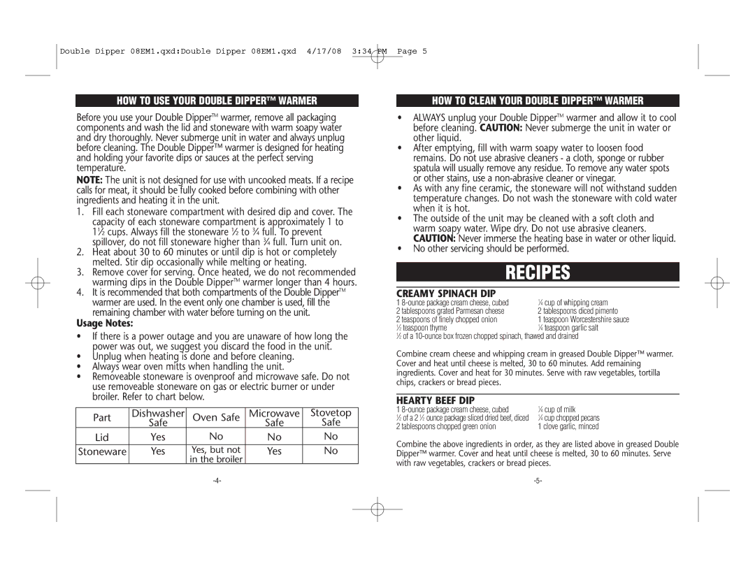 Crock-Pot warranty HOW to USE Your Double Dipper Warmer, HOW to Clean Your Double Dipper Warmer, Creamy Spinach DIP 