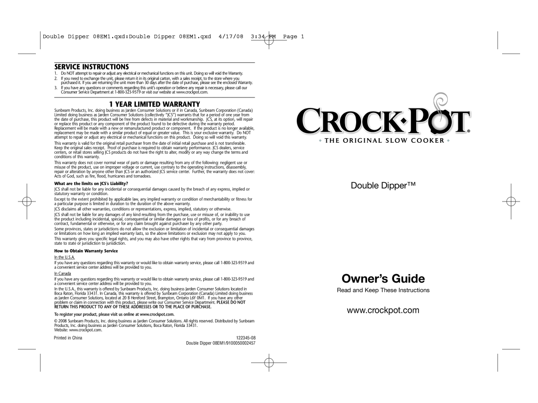 Crock-Pot Double Dipper warranty Service Instructions, Year Limited Warranty, Owner’s Guide 