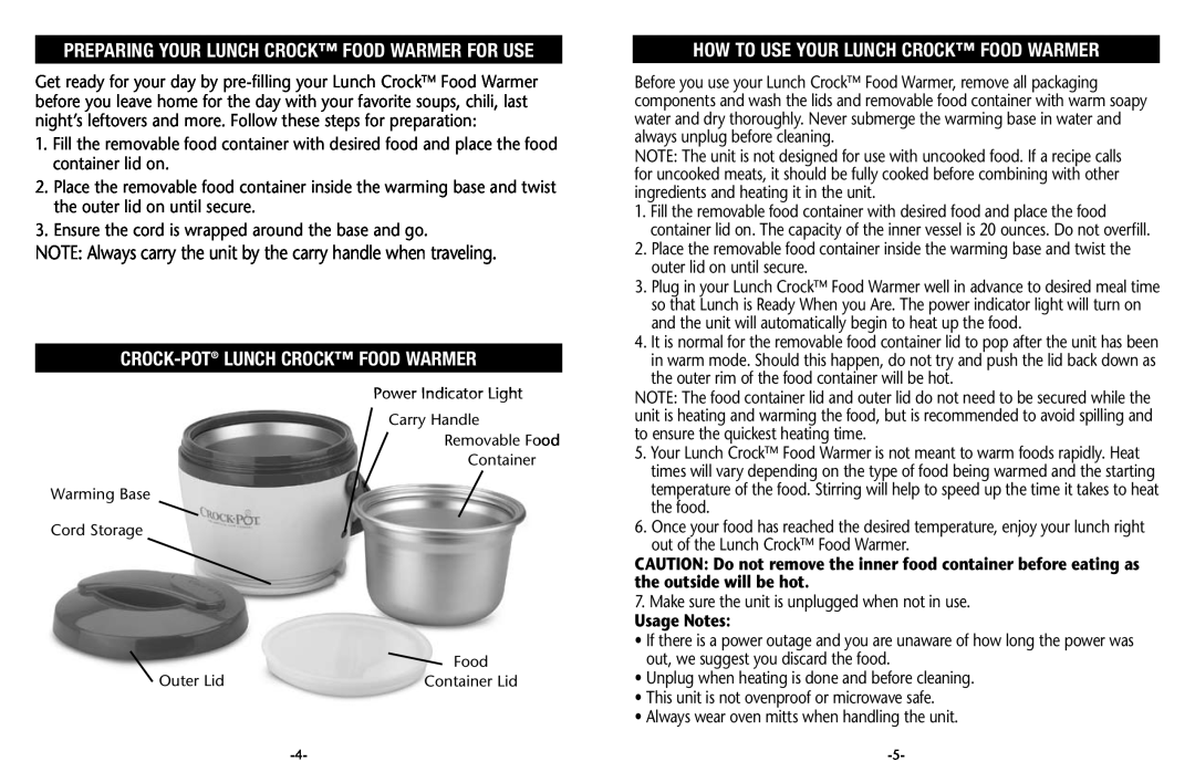 Crock-Pot warranty Crock-Pot Lunch Crock Food Warmer, How To Use Your Lunch Crock Food Warmer, Usage Notes 