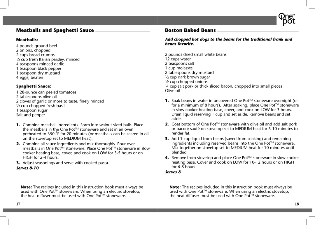 Crock-Pot OnePot manual Meatballs and Spaghetti Sauce, Boston Baked Beans 