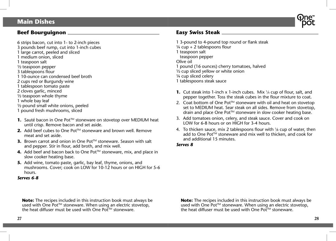 Crock-Pot OnePot manual Main Dishes, Beef Bourguignon, Easy Swiss Steak 