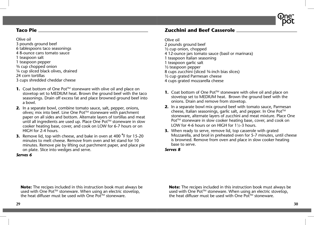 Crock-Pot OnePot manual Taco Pie, Zucchini and Beef Casserole 