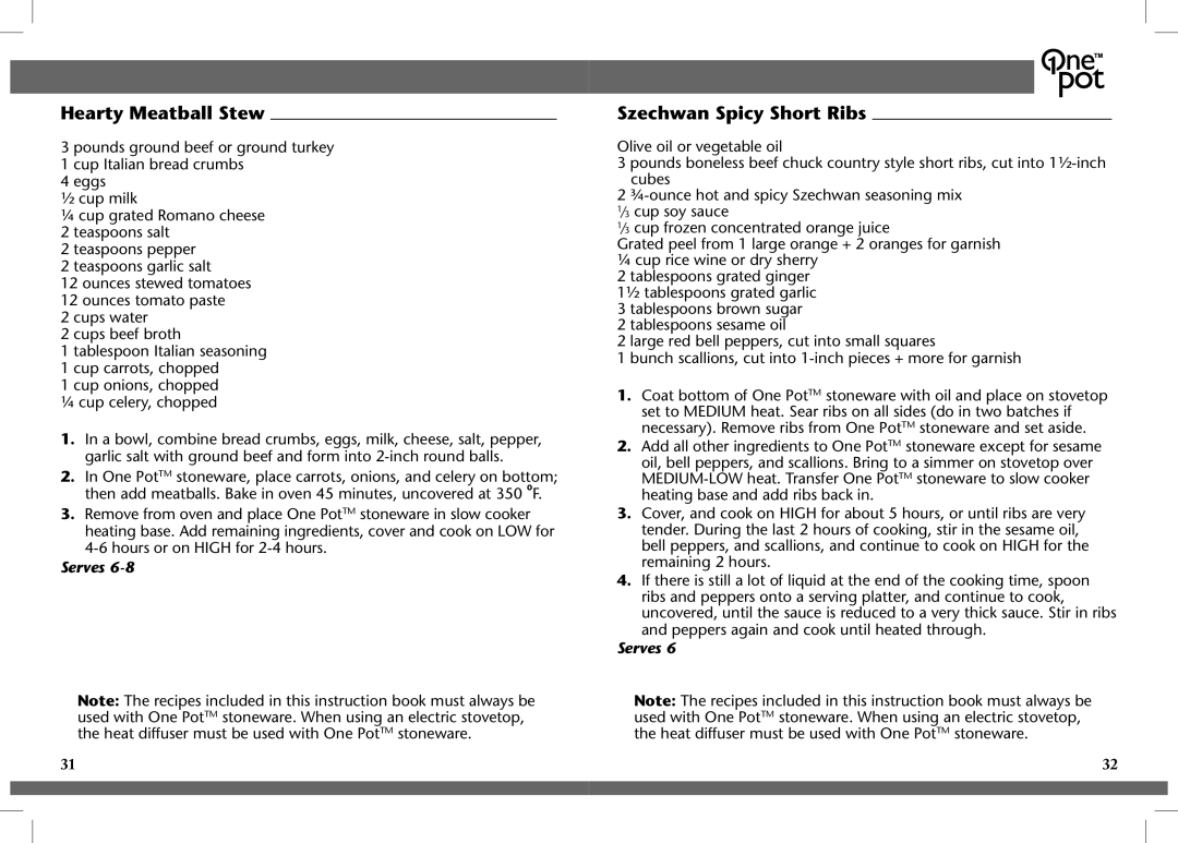 Crock-Pot OnePot manual Hearty Meatball Stew, Szechwan Spicy Short Ribs 