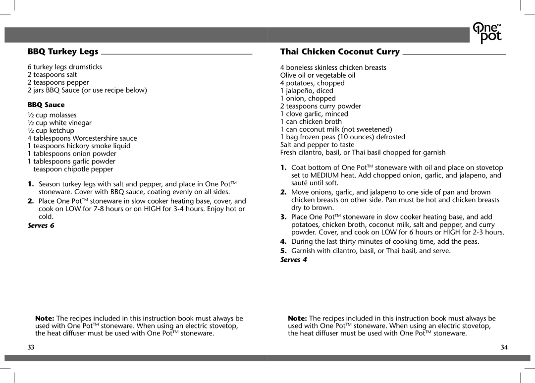 Crock-Pot OnePot manual BBQ Turkey Legs, Thai Chicken Coconut Curry 