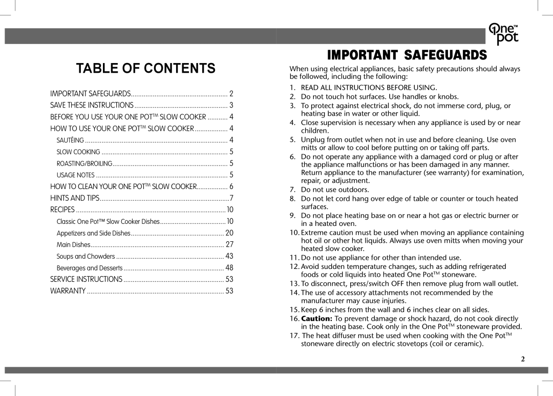 Crock-Pot OnePot manual Important Safeguards 