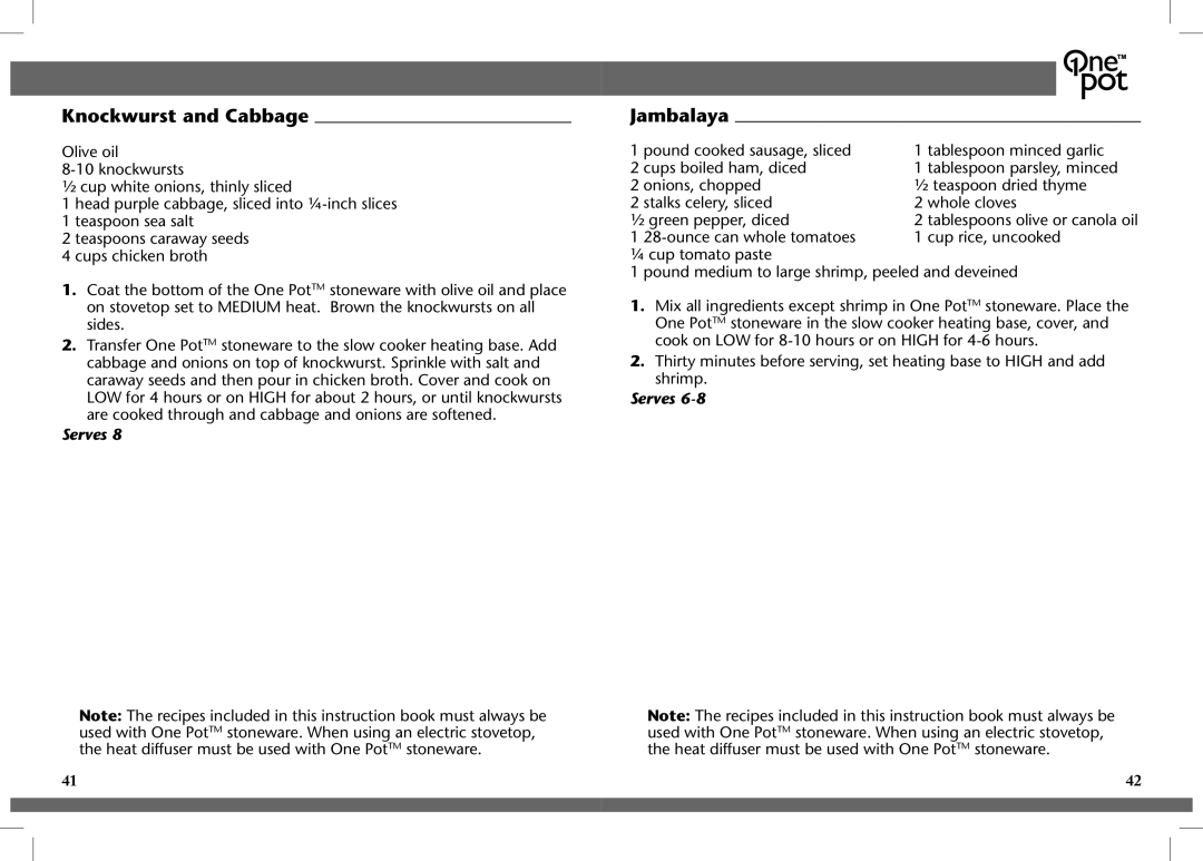 Crock-Pot OnePot manual Knockwurst and Cabbage, Jambalaya 