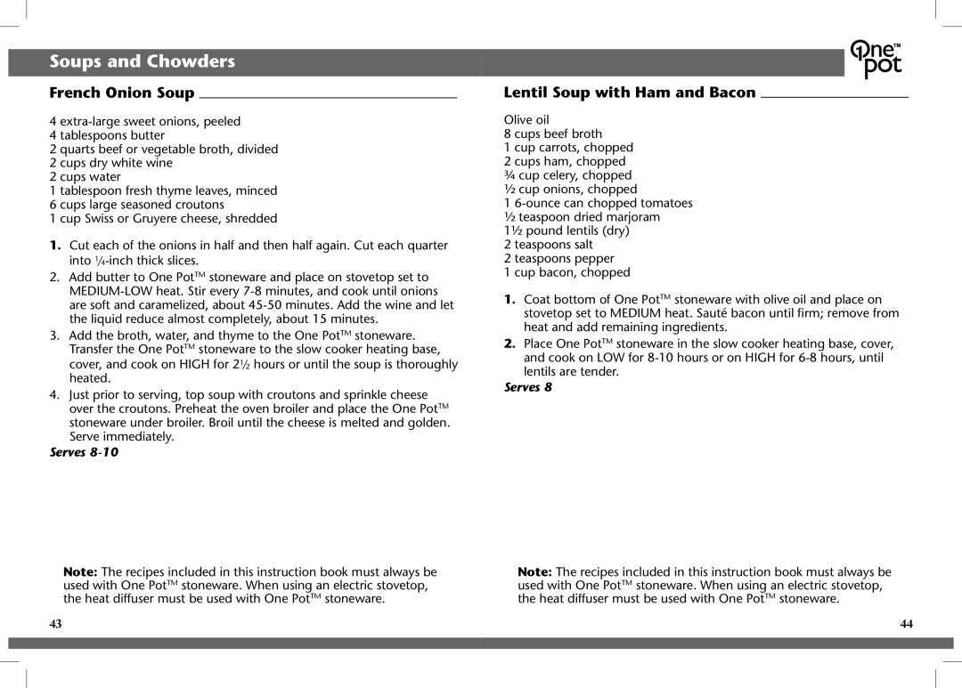 Crock-Pot OnePot manual Soups and Chowders, French Onion Soup, Lentil Soup with Ham and Bacon 