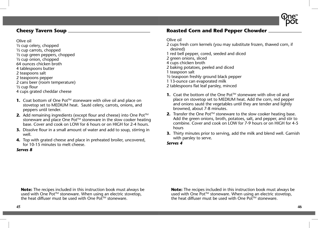 Crock-Pot OnePot manual Cheesy Tavern Soup, Roasted Corn and Red Pepper Chowder 