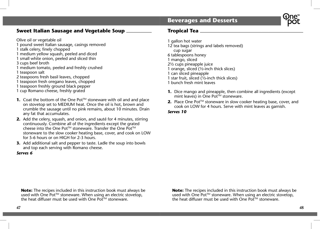 Crock-Pot OnePot manual Beverages and Desserts, Sweet Italian Sausage and Vegetable Soup, Tropical Tea 