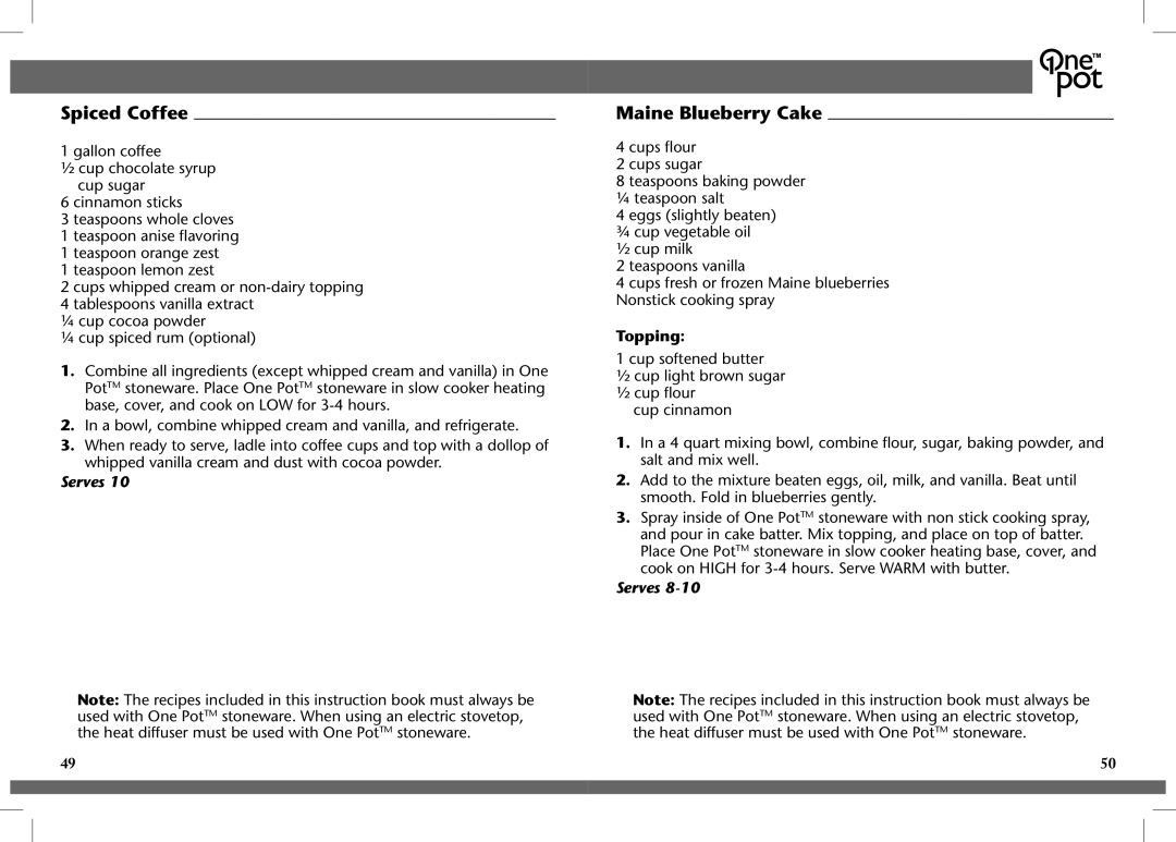 Crock-Pot OnePot manual Spiced Coffee, Maine Blueberry Cake, Topping 