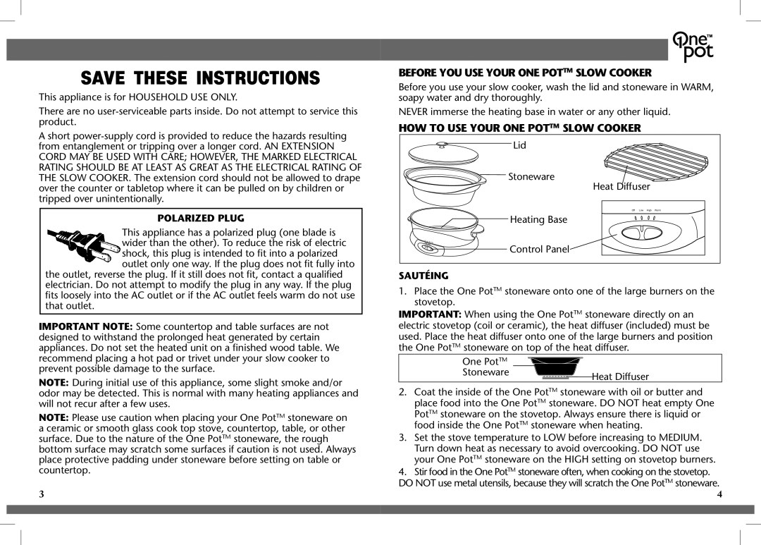 Crock-Pot OnePot manual Before YOU USE Your ONE Pottm Slow Cooker 