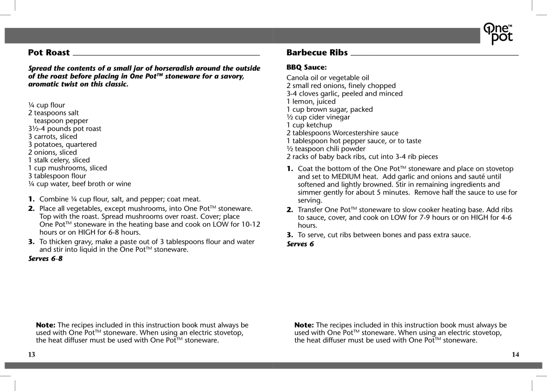 Crock-Pot OnePot manual Pot Roast, Barbecue Ribs, BBQ Sauce 