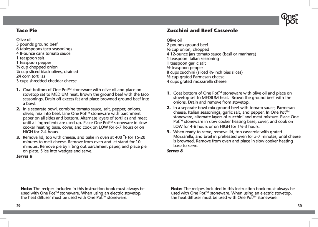 Crock-Pot OnePot manual Taco Pie, Zucchini and Beef Casserole, Serves 