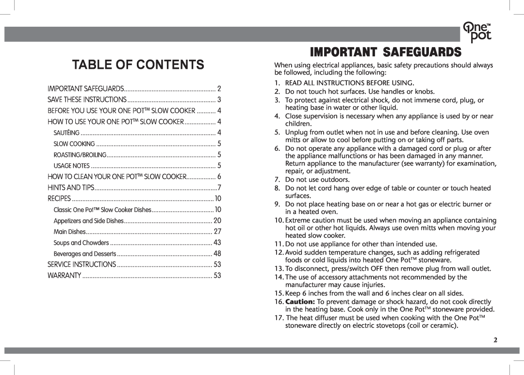 Crock-Pot OnePot manual Important Safeguards, Table Of Contents 