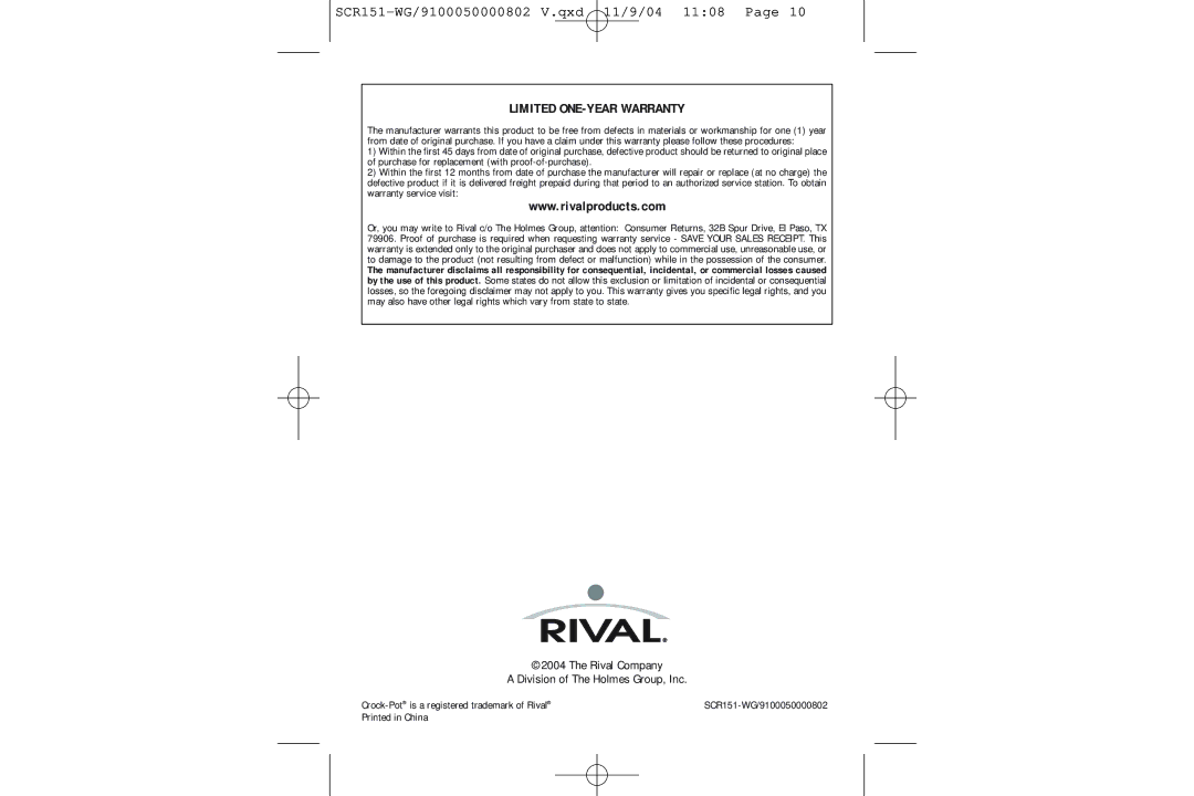 Crock-Pot SCR151-WG manual Limited ONE-YEAR Warranty 