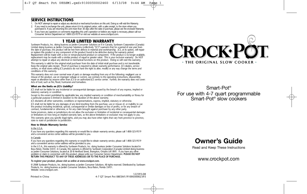 Crock-Pot Smart-Pot 4-7 Quart warranty Service Instructions, Year Limited Warranty 