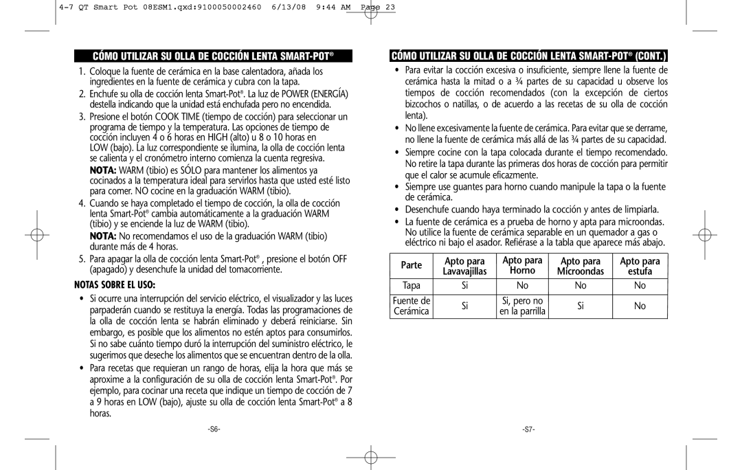 Crock-Pot Smart-Pot 4-7 Quart warranty Cómo Utilizar SU Olla DE Cocción Lenta SMART-POT, Notas Sobre EL USO 