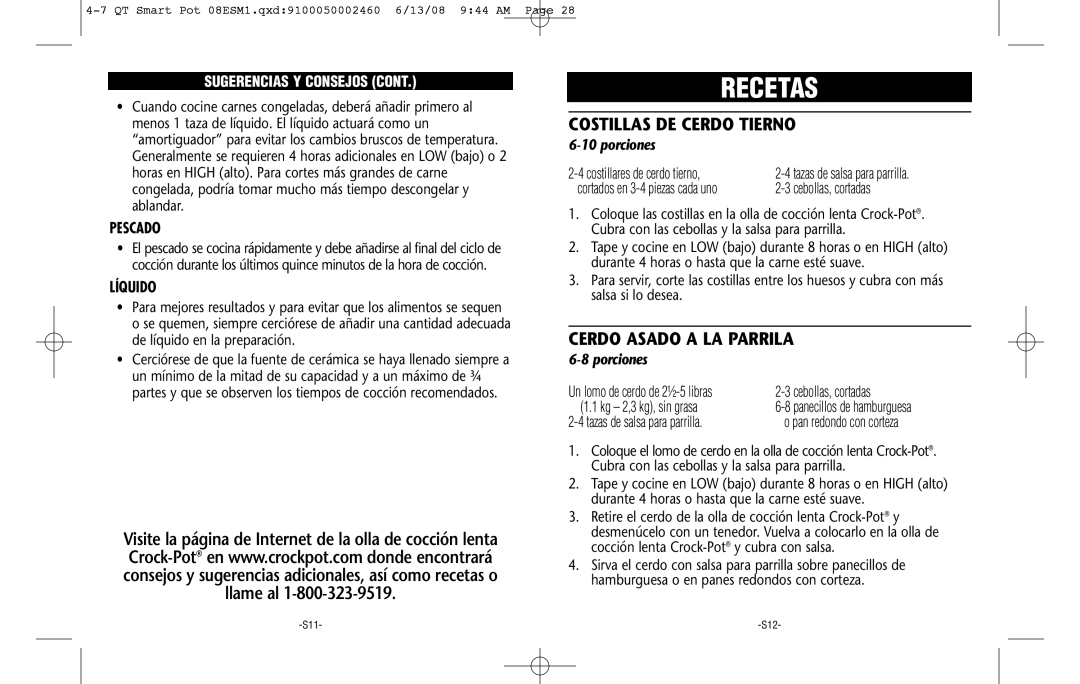 Crock-Pot Smart-Pot 4-7 Quart warranty Costillas DE Cerdo Tierno, Cerdo Asado a LA Parrila, Pescado, Líquido 