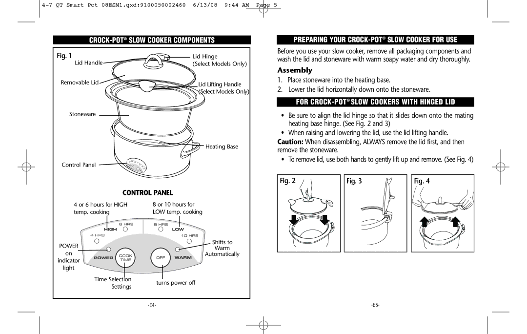 Crock-Pot Smart-Pot 4-7 Quart CROCK-POTSLOW Cooker Components, Control Panel, Preparing Your CROCK-POTSLOW Cooker for USE 