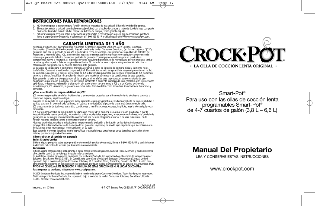 Crock-Pot Smart-Pot 4-7 Quart warranty Instrucciones Para Reparaciones, Garantía Limitada DE 1 AÑO 