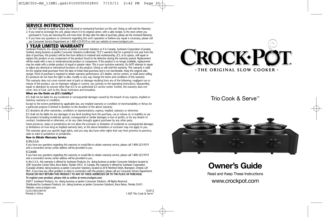 Crock-Pot Trio Cook & Serve warranty Service Instructions, Year Limited Warranty 