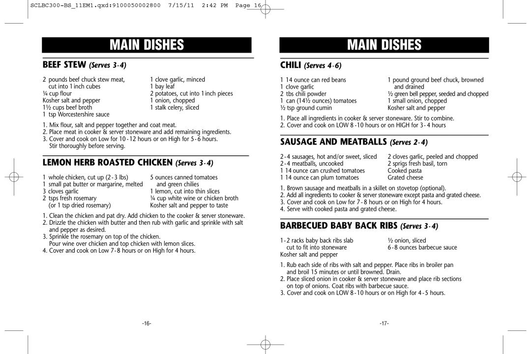 Crock-Pot Trio Cook & Serve warranty Main Dishes, Lemon Herb Roasted Chicken Serves 3, Sausage and Meatballs Serves 2 