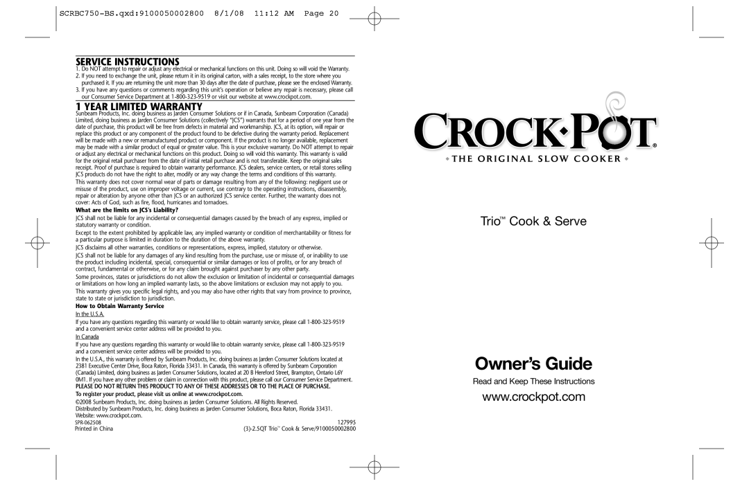 Crock-Pot Trio warranty Service Instructions, Year Limited Warranty 