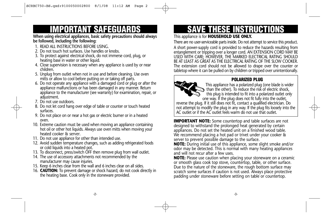 Crock-Pot Trio warranty Important Safeguards, Polarized Plug 