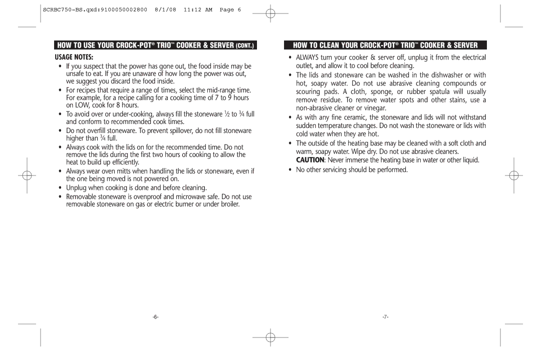 Crock-Pot Trio warranty Usage Notes, HOW to Clean Your CROCK-POTTRIO Cooker & Server 