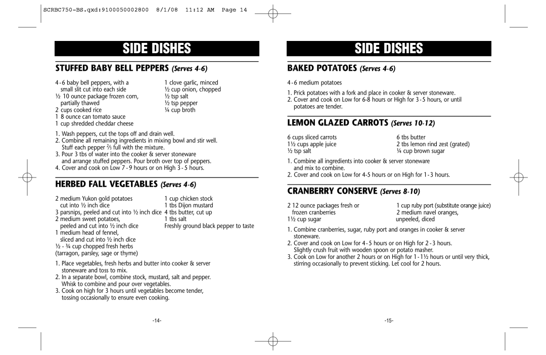 Crock-Pot Trio warranty Side Dishes 