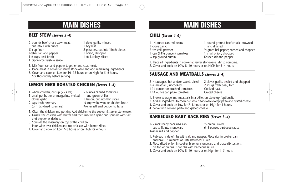 Crock-Pot Trio warranty Main Dishes, Lemon Herb Roasted Chicken Serves 3, Sausage and Meatballs Serves 2 