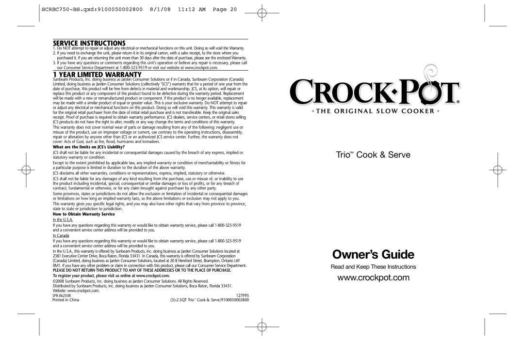 Crock-Pot warranty Service Instructions, Year Limited Warranty, Owner’s Guide, Trio Cook & Serve 