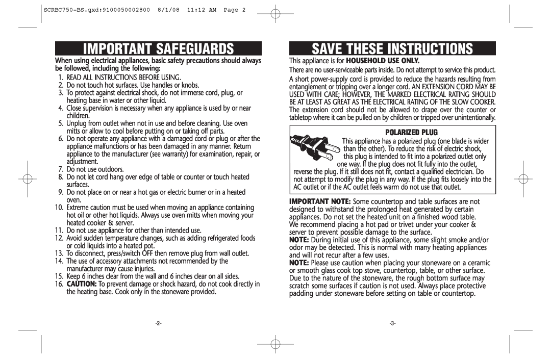 Crock-Pot Trio warranty Polarized Plug, Important Safeguards, Save These Instructions 