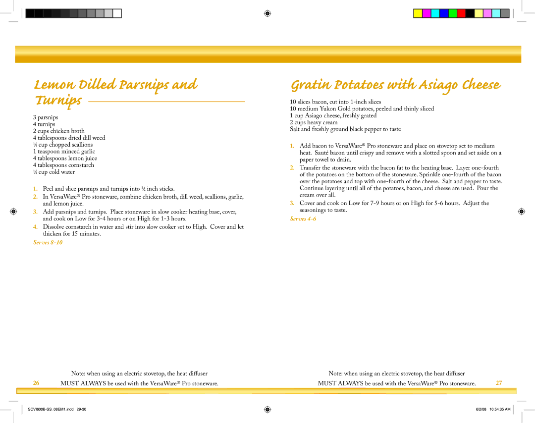 Crock-Pot VersaWare Pro owner manual Lemon Dilled Parsnips and Turnips, Gratin Potatoes with Asiago Cheese 