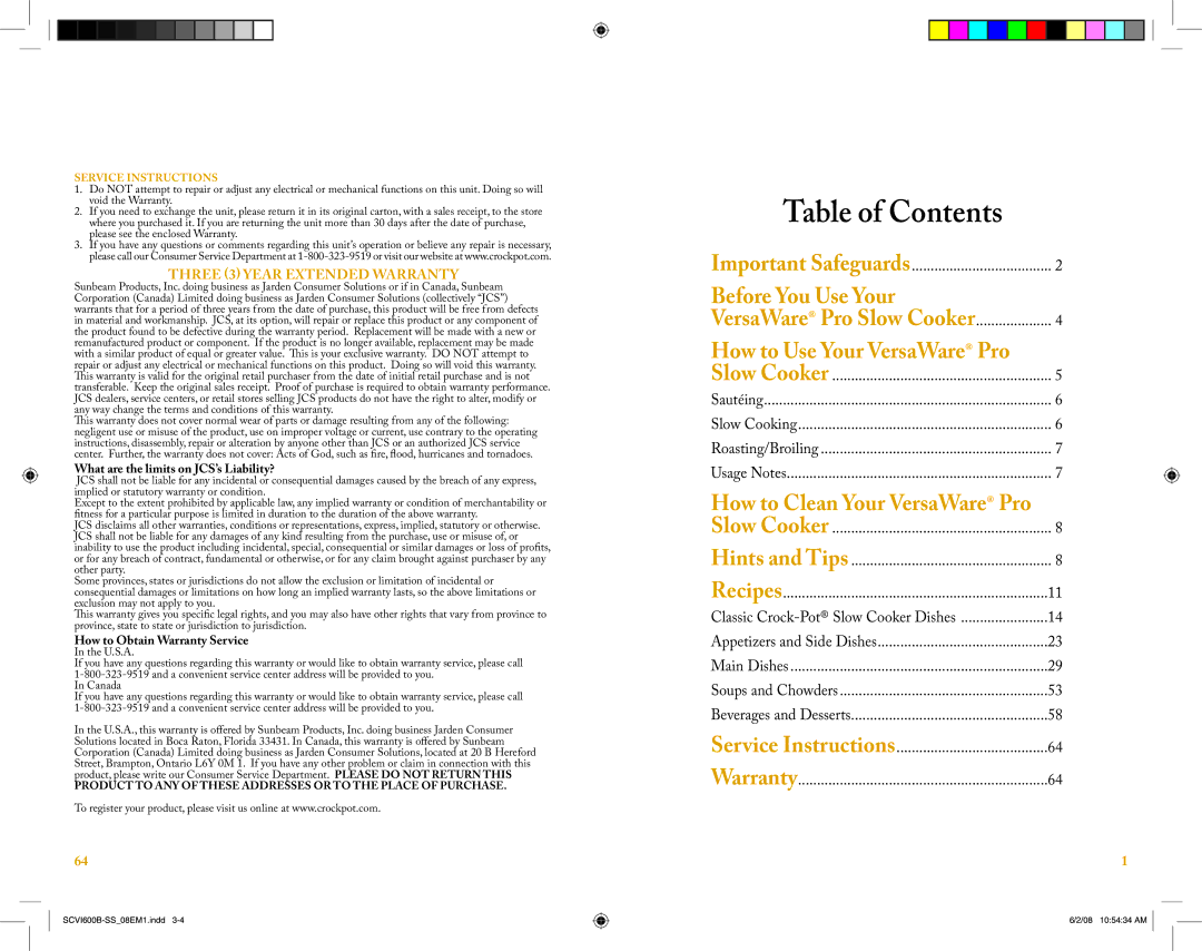 Crock-Pot VersaWare Pro owner manual Table of Contents 