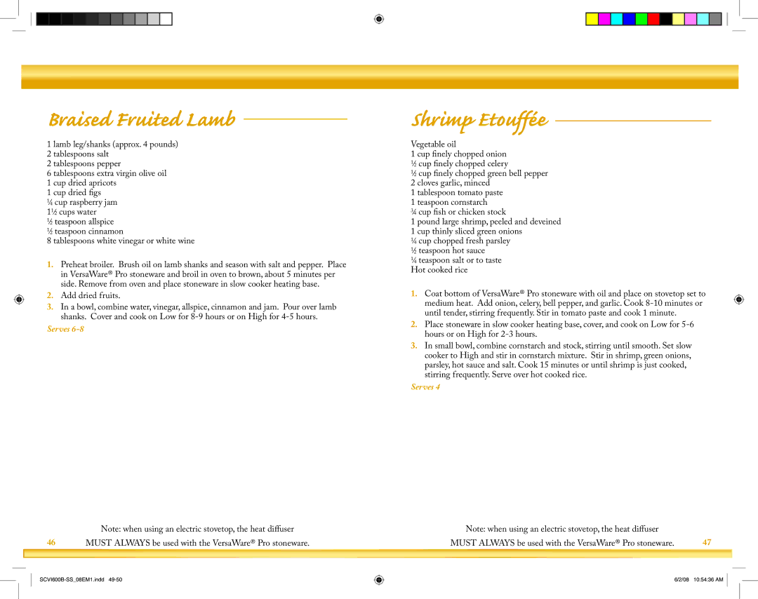 Crock-Pot VersaWare Pro owner manual Braised Fruited Lamb, Shrimp Etouffée, Add dried fruits 