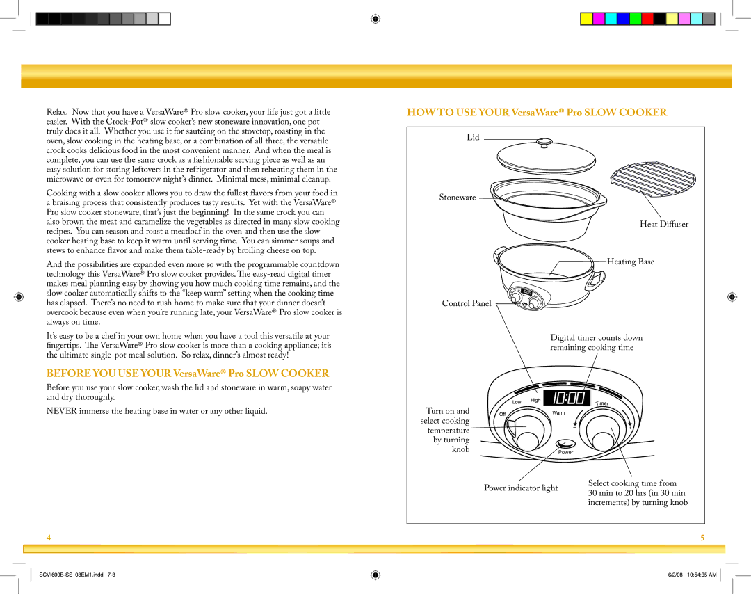 Crock-Pot VersaWare Pro owner manual Temperature By turning Knob, Power indicator light Select cooking time from 