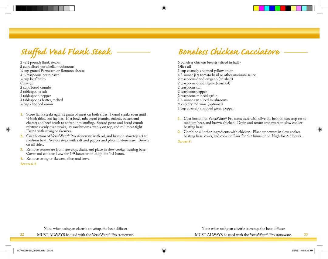 Crock-Pot VersaWare Pro owner manual Stuffed Veal Flank Steak, Boneless Chicken Cacciatore, Serves 