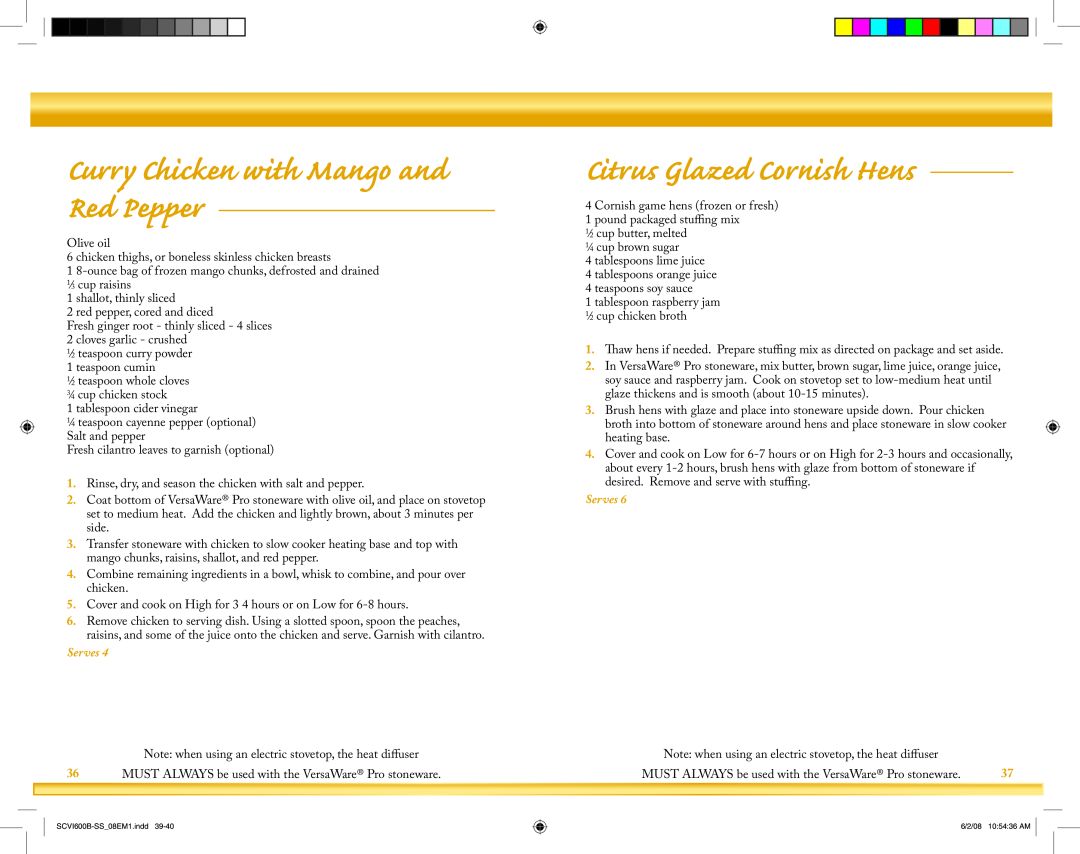 Crock-Pot VersaWare Pro owner manual Curry Chicken with Mango and Red Pepper, Citrus Glazed Cornish Hens, Serves 