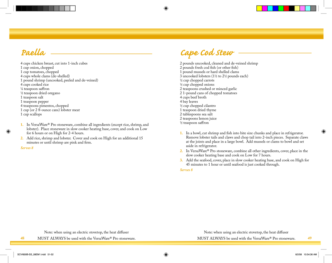 Crock-Pot VersaWare Pro owner manual Paella, Cape Cod Stew, Serves 