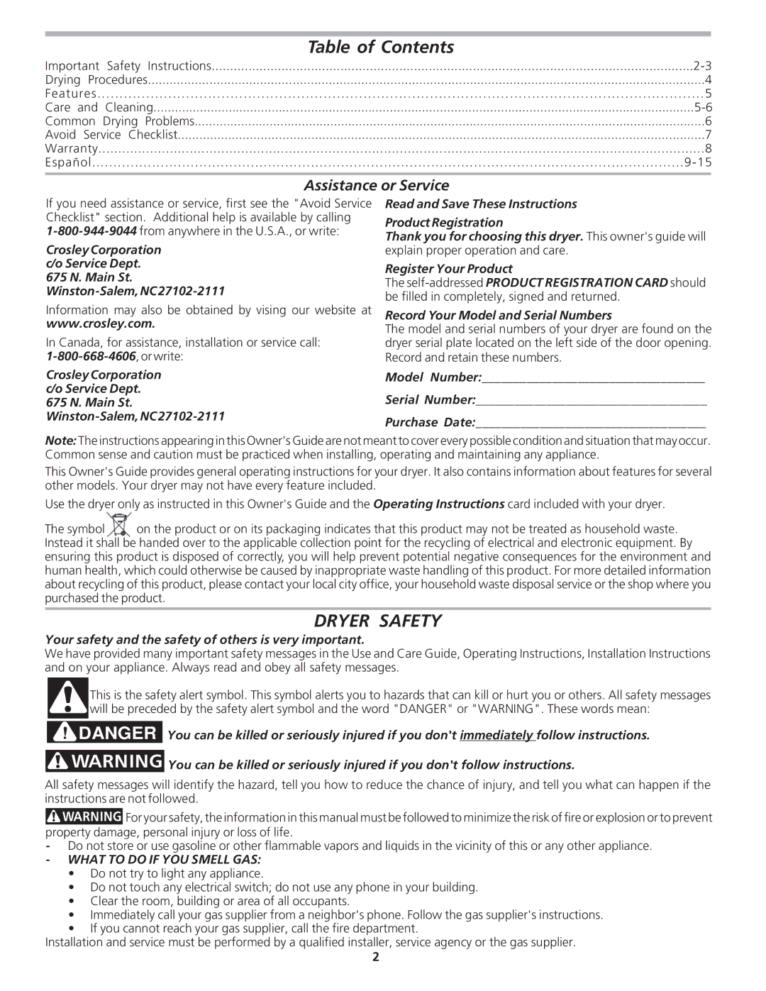 Crosley 134856200 manual Table of Contents, Dryer Safety 