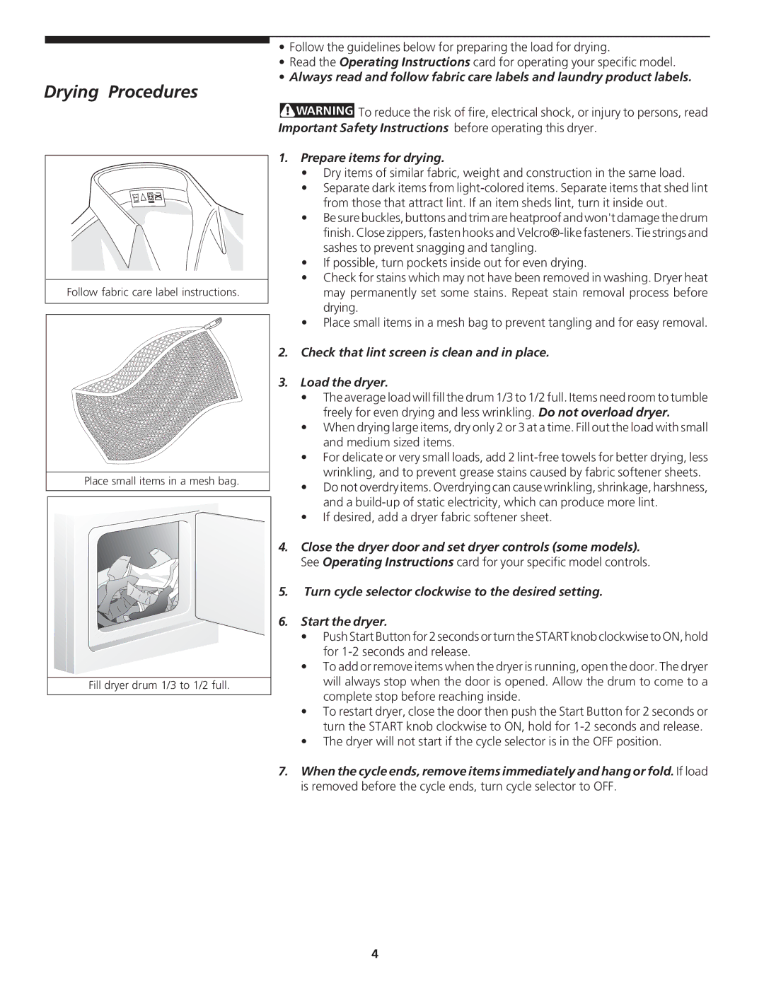 Crosley 134856200 Drying Procedures, Prepare items for drying, Check that lint screen is clean and in place Load the dryer 