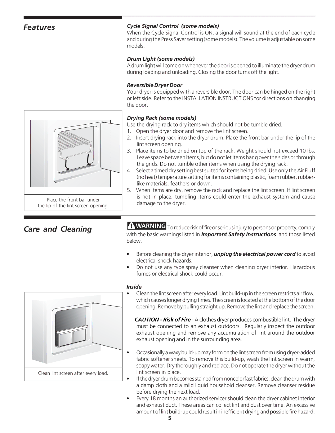 Crosley 134856200 manual Features, Care and Cleaning 