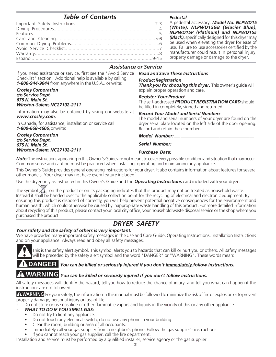 Crosley 134856500 manual Table of Contents, Dryer Safety 