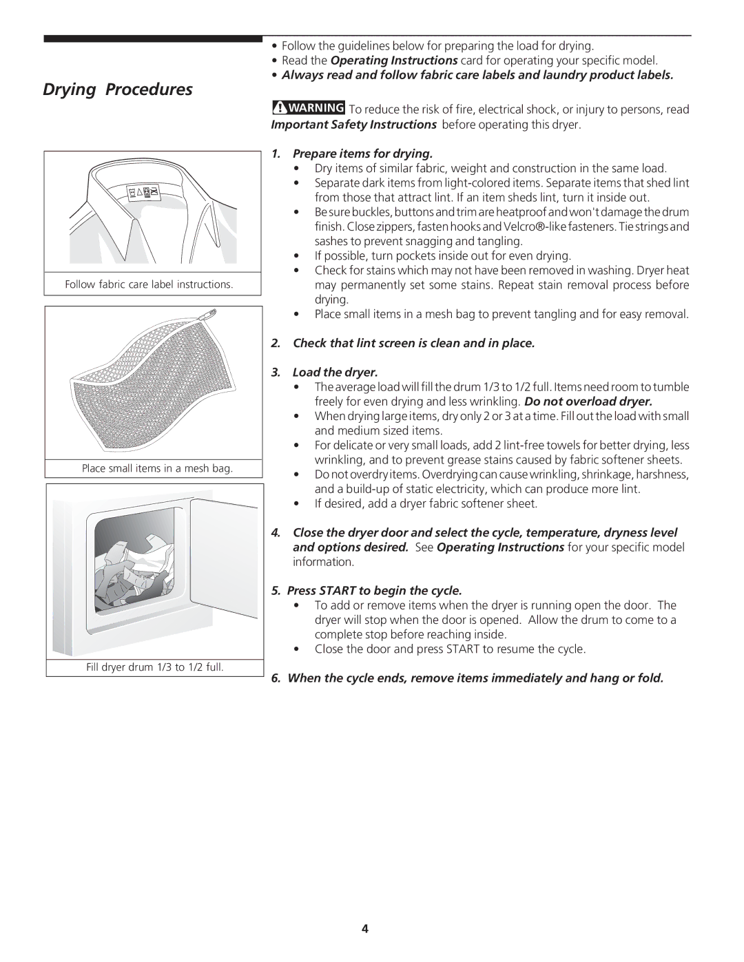 Crosley 134856500 Drying Procedures, Prepare items for drying, Check that lint screen is clean and in place Load the dryer 