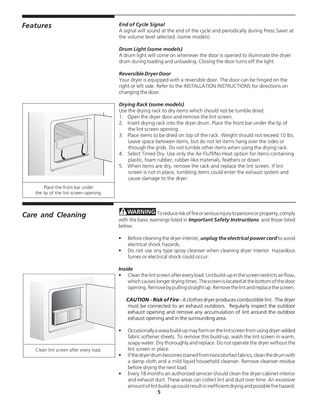 Crosley 134856500 manual Features, Care and Cleaning 