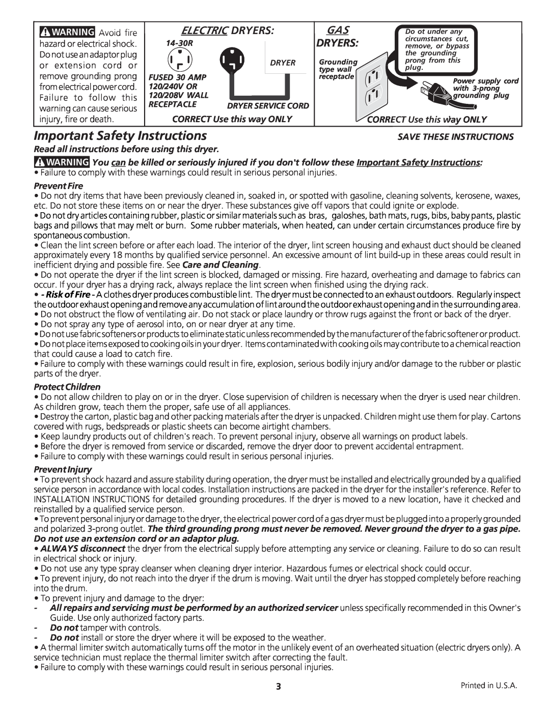 Crosley 134856500 manual Important Safety Instructions, Electric Dryers 