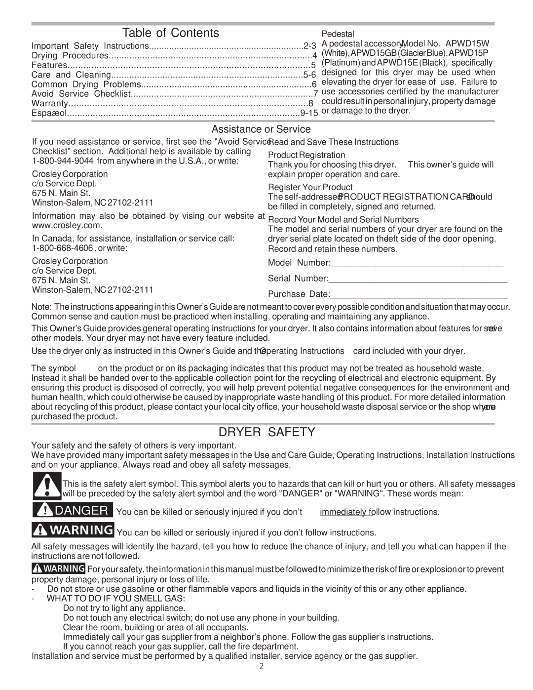 Crosley 134856900 manual Table of Contents, Dryer Safety 