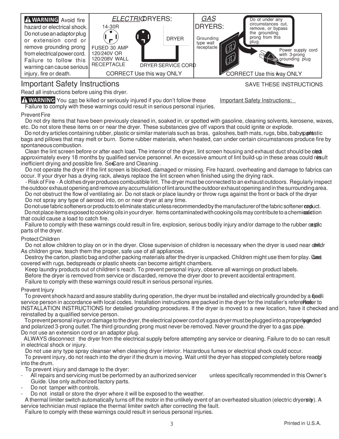 Crosley 134856900 manual Important Safety Instructions 