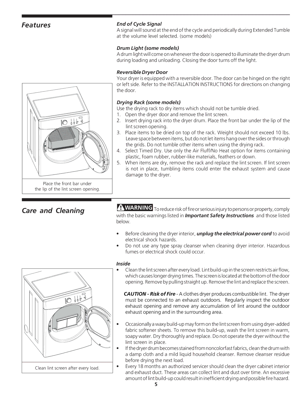 Crosley 134856900 manual Features, Care and Cleaning 